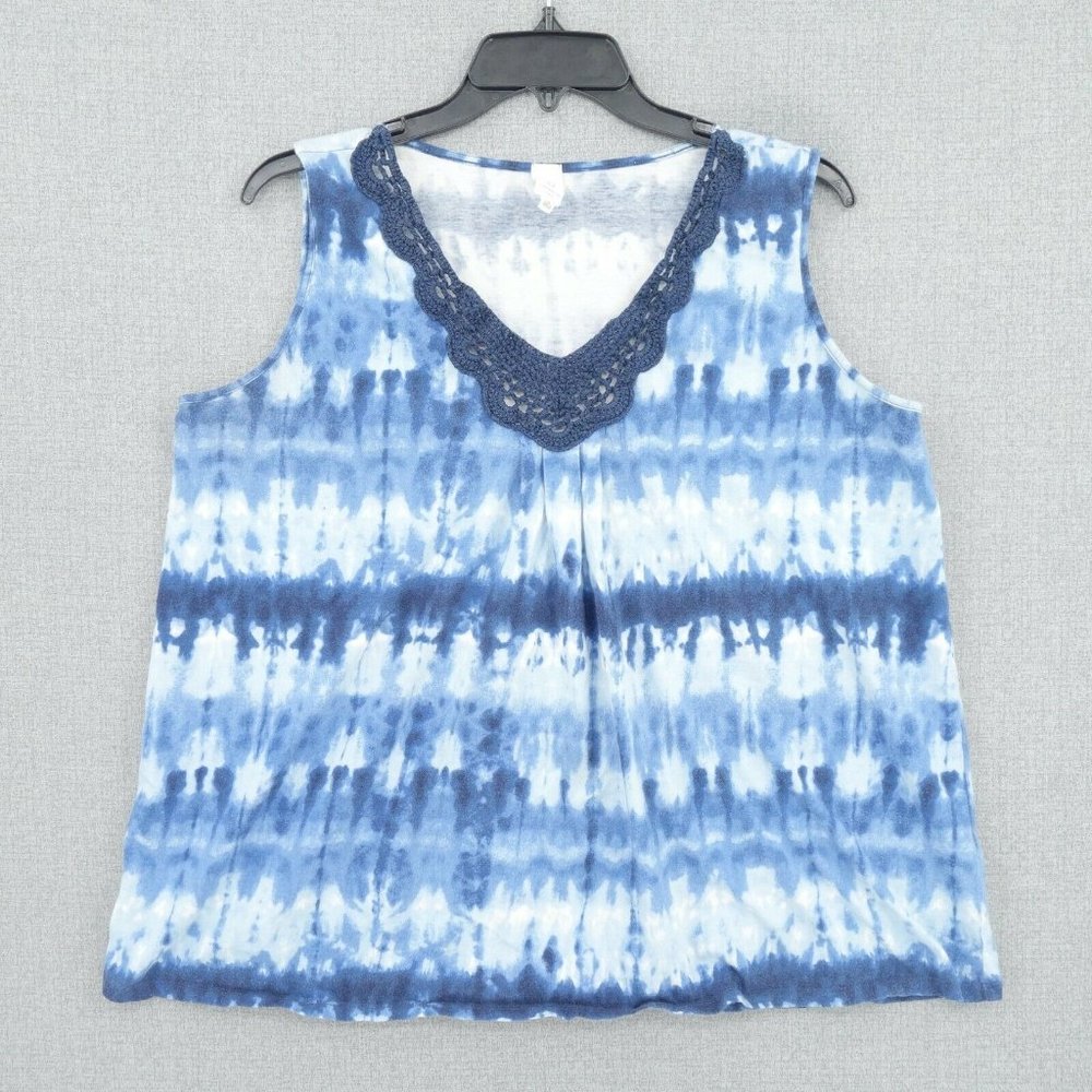 Jones New York Top Womens 1X Blue Sleeveless V-Neck Tie-Dye Lace Cut Out Casual